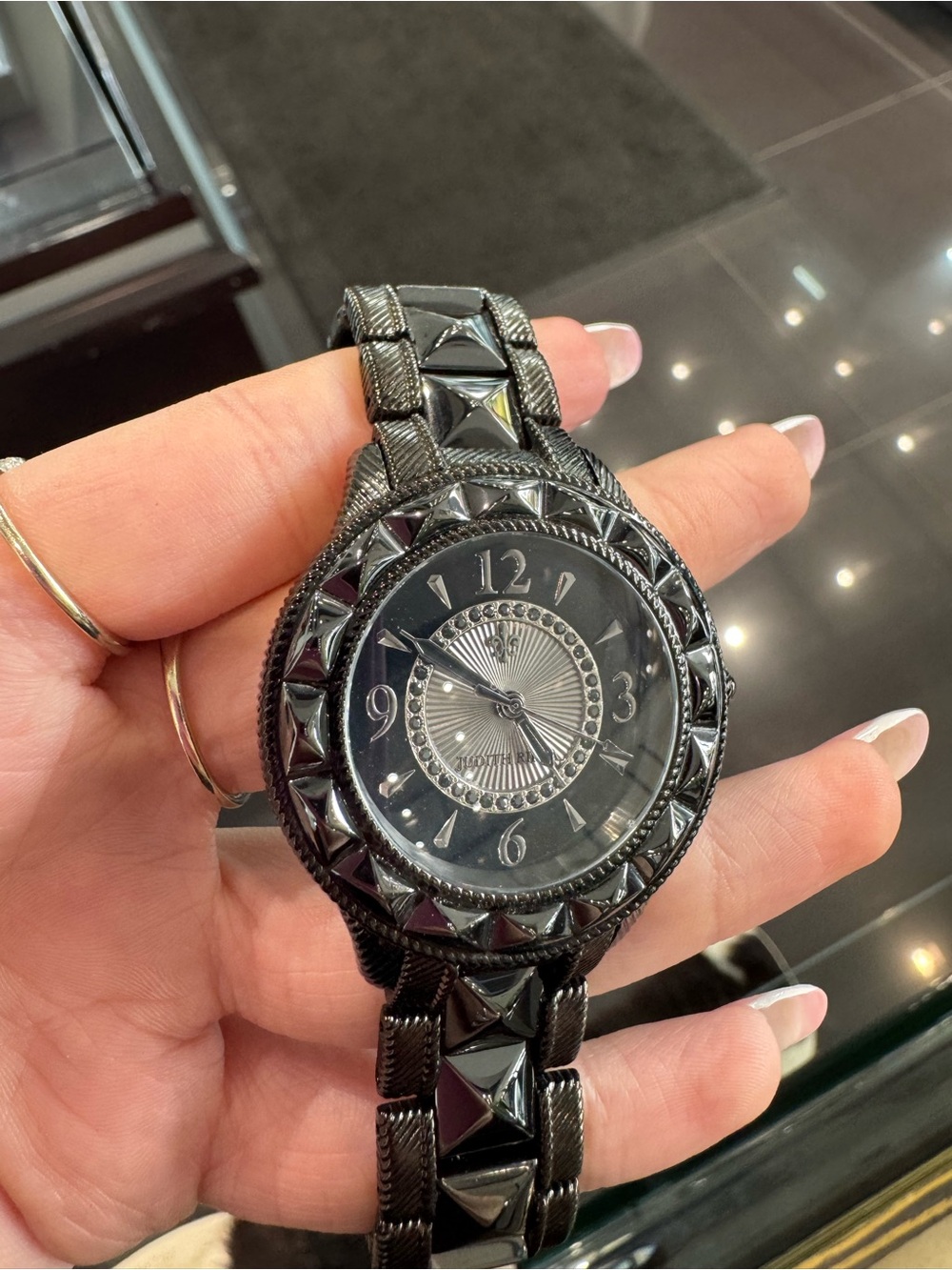New Judith Ripka Black Stainless Steel & Ceramic Studded Link Watch